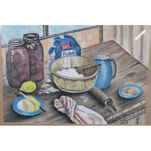 518 - Still Life Pastel of a Baking Scene signed J Brown, 24cm x 34cm together with Three Signed Landscape... 