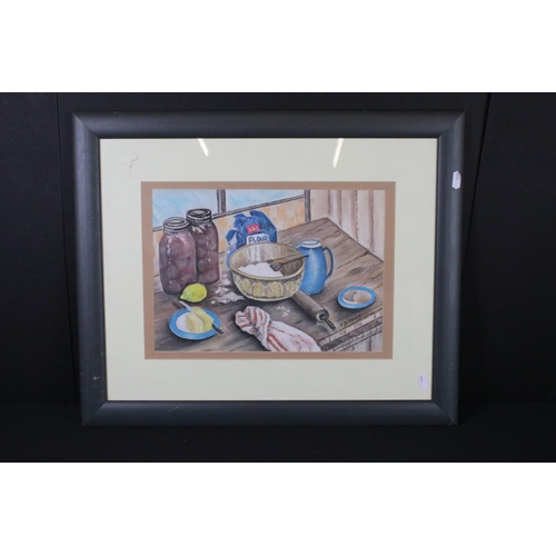 518 - Still Life Pastel of a Baking Scene signed J Brown, 24cm x 34cm together with Three Signed Landscape... 