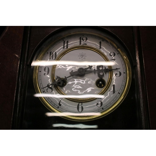 523 - Late Victorian Walnut and Ebonised Wall Clock, the white enamel dial with Arabic numerals, 69cm high