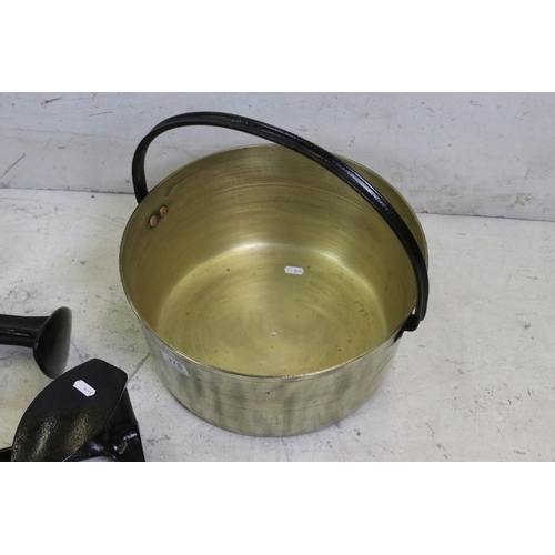 378 - Brass Jam Pan together with Four Cast Iron Shoe Lasts