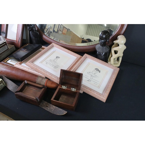 386 - Mixed lot including Mahogany Inlaid Oval Wall Mirror, Photograph Frames, Gourd Flask, Ebony Ethnic B... 