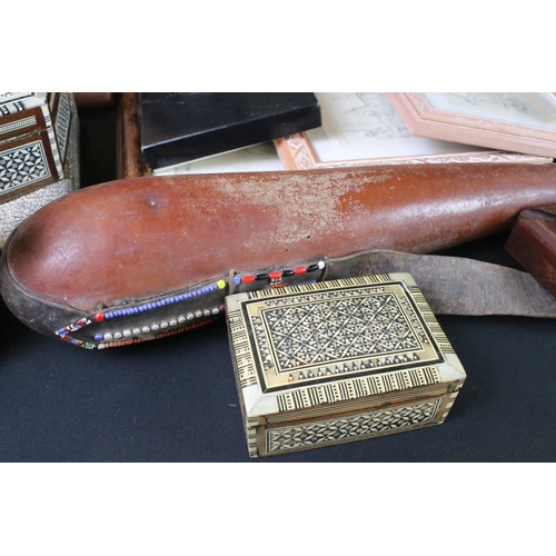 386 - Mixed lot including Mahogany Inlaid Oval Wall Mirror, Photograph Frames, Gourd Flask, Ebony Ethnic B... 