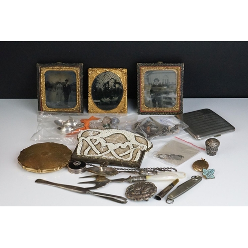 332 - A box of mixed collectables to include beaded purse, antique photographs, silver belt buckle with Re... 