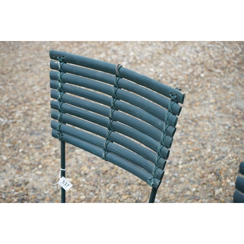 537 - Pair of Green Painted Wooden Slatted and Metal Frame Garden Chairs