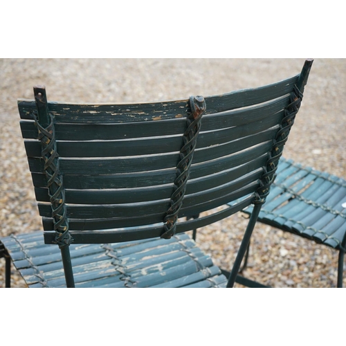 537 - Pair of Green Painted Wooden Slatted and Metal Frame Garden Chairs