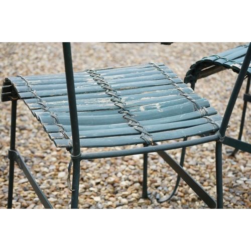 537 - Pair of Green Painted Wooden Slatted and Metal Frame Garden Chairs