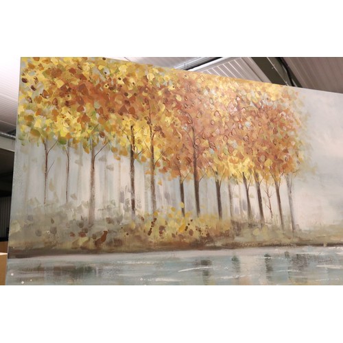 518A - Large Contemporary Oil Painting on Canvas of Trees by a River, 70cm x 140cm