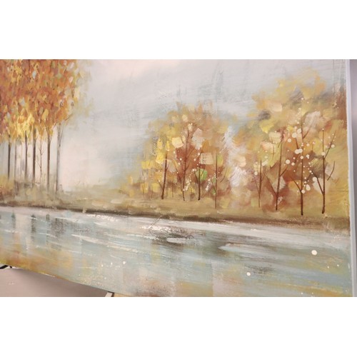 518A - Large Contemporary Oil Painting on Canvas of Trees by a River, 70cm x 140cm