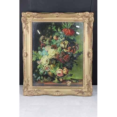 488 - Still Life Oil Painting of Flowers in a Vase with a Bird's Nest and a Bird, signed, 50cm x 39cm, gil... 