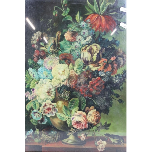 488 - Still Life Oil Painting of Flowers in a Vase with a Bird's Nest and a Bird, signed, 50cm x 39cm, gil... 
