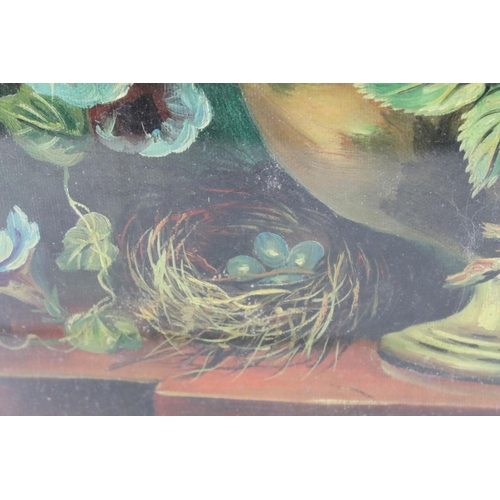 488 - Still Life Oil Painting of Flowers in a Vase with a Bird's Nest and a Bird, signed, 50cm x 39cm, gil... 