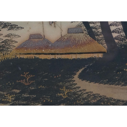 485 - Japanese School, Oval Framed Antique Painting Scene with Sailboats, Dwellings and Mount Fuji in back... 