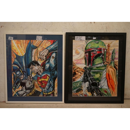 483 - Two Original Pen and Ink Drawings of Batman v Superman plus Bobba Fett, Starwars, 50cm x 39cm, frame... 