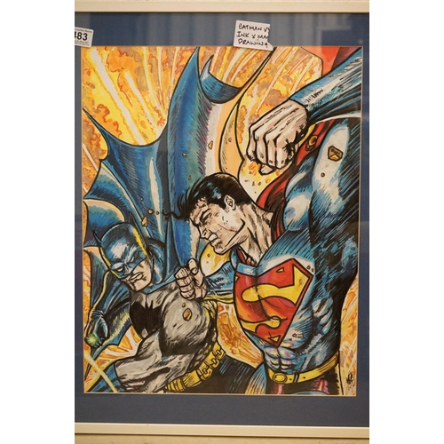 483 - Two Original Pen and Ink Drawings of Batman v Superman plus Bobba Fett, Starwars, 50cm x 39cm, frame... 