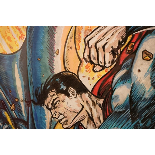 483 - Two Original Pen and Ink Drawings of Batman v Superman plus Bobba Fett, Starwars, 50cm x 39cm, frame... 