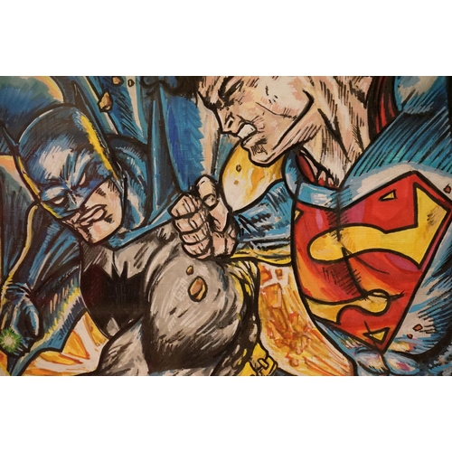 483 - Two Original Pen and Ink Drawings of Batman v Superman plus Bobba Fett, Starwars, 50cm x 39cm, frame... 