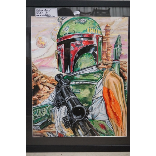 483 - Two Original Pen and Ink Drawings of Batman v Superman plus Bobba Fett, Starwars, 50cm x 39cm, frame... 