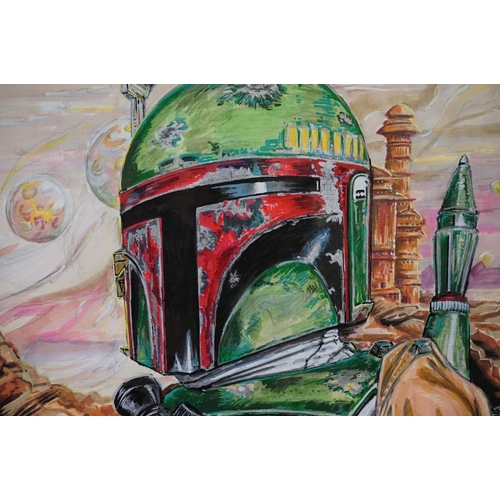 483 - Two Original Pen and Ink Drawings of Batman v Superman plus Bobba Fett, Starwars, 50cm x 39cm, frame... 
