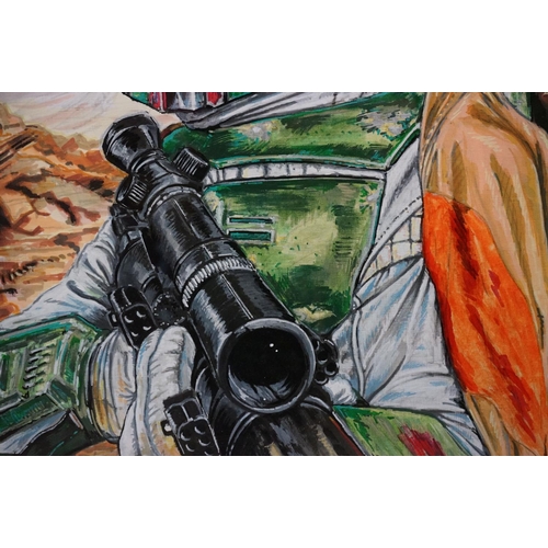 483 - Two Original Pen and Ink Drawings of Batman v Superman plus Bobba Fett, Starwars, 50cm x 39cm, frame... 