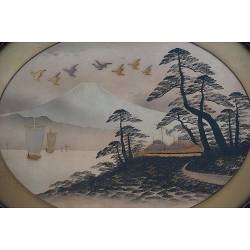 485 - Japanese School, Oval Framed Antique Painting Scene with Sailboats, Dwellings and Mount Fuji in back... 