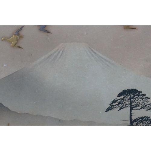485 - Japanese School, Oval Framed Antique Painting Scene with Sailboats, Dwellings and Mount Fuji in back... 