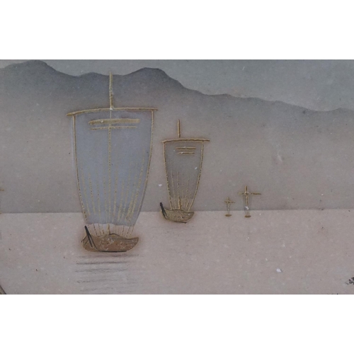 485 - Japanese School, Oval Framed Antique Painting Scene with Sailboats, Dwellings and Mount Fuji in back... 