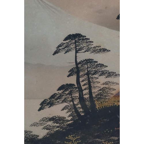 485 - Japanese School, Oval Framed Antique Painting Scene with Sailboats, Dwellings and Mount Fuji in back... 