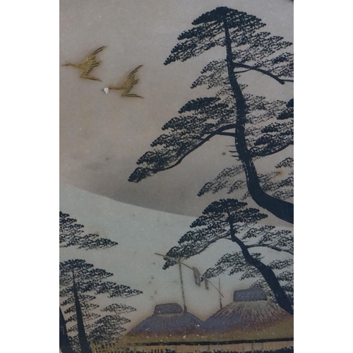 485 - Japanese School, Oval Framed Antique Painting Scene with Sailboats, Dwellings and Mount Fuji in back... 
