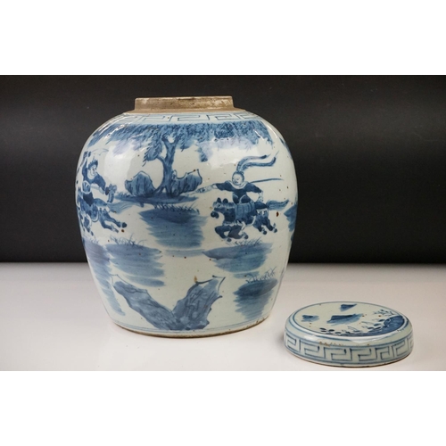 10 - Large Chinese Porcelain Blue and White Ginger Jar and Flat Cover decorated with warriors on horsebac... 