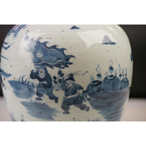 10 - Large Chinese Porcelain Blue and White Ginger Jar and Flat Cover decorated with warriors on horsebac... 