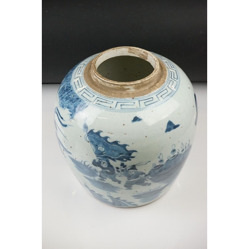 10 - Large Chinese Porcelain Blue and White Ginger Jar and Flat Cover decorated with warriors on horsebac... 