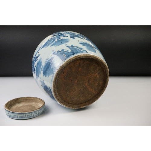10 - Large Chinese Porcelain Blue and White Ginger Jar and Flat Cover decorated with warriors on horsebac... 