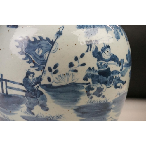 10 - Large Chinese Porcelain Blue and White Ginger Jar and Flat Cover decorated with warriors on horsebac... 