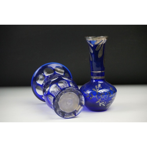11 - Glass Blue Flash Cut Decanter and Stopper, 37cm high together with a Pair of Blue Flash Cut Decanter... 