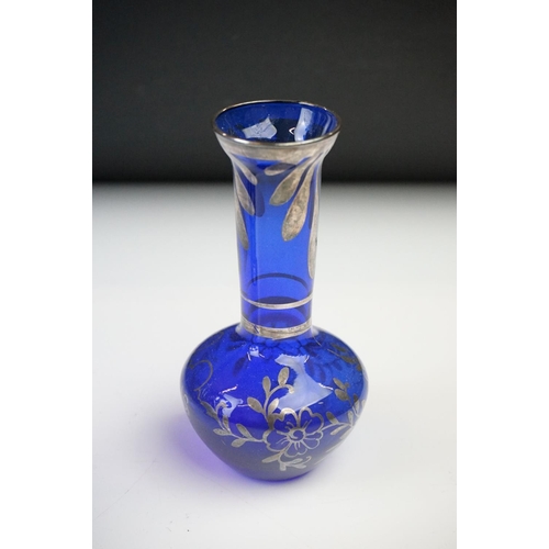 11 - Glass Blue Flash Cut Decanter and Stopper, 37cm high together with a Pair of Blue Flash Cut Decanter... 