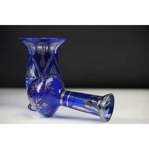 11 - Glass Blue Flash Cut Decanter and Stopper, 37cm high together with a Pair of Blue Flash Cut Decanter... 