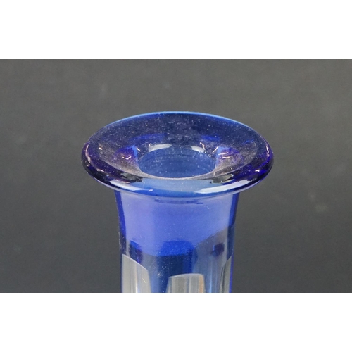 11 - Glass Blue Flash Cut Decanter and Stopper, 37cm high together with a Pair of Blue Flash Cut Decanter... 