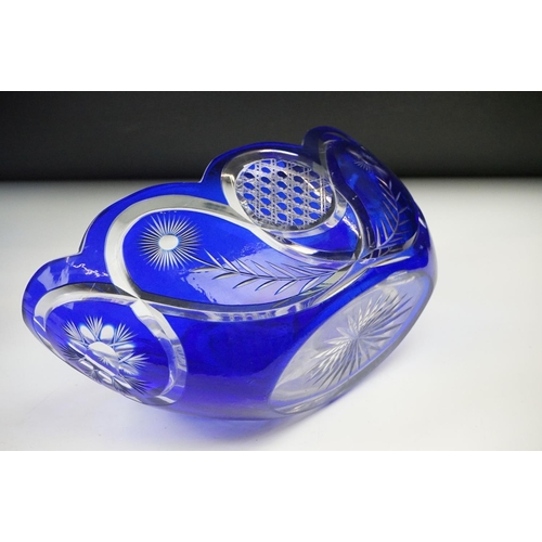 11 - Glass Blue Flash Cut Decanter and Stopper, 37cm high together with a Pair of Blue Flash Cut Decanter... 