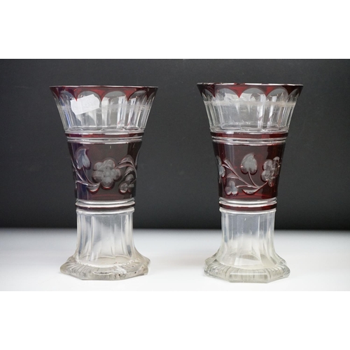 11 - Glass Blue Flash Cut Decanter and Stopper, 37cm high together with a Pair of Blue Flash Cut Decanter... 