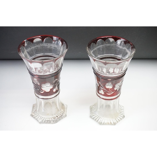 11 - Glass Blue Flash Cut Decanter and Stopper, 37cm high together with a Pair of Blue Flash Cut Decanter... 