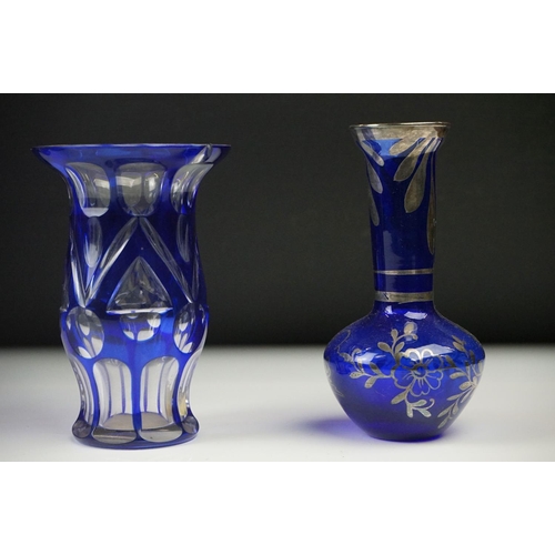 11 - Glass Blue Flash Cut Decanter and Stopper, 37cm high together with a Pair of Blue Flash Cut Decanter... 