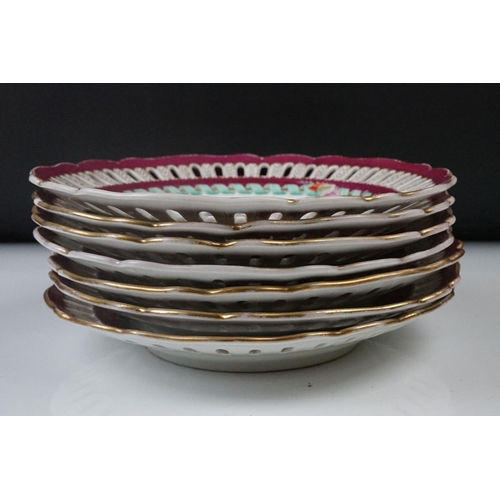 17 - Seven Meissen reticulated Plates decorated with sprays of flowers within a ribbon border and pierced... 
