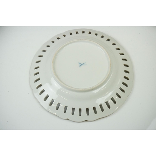 17 - Seven Meissen reticulated Plates decorated with sprays of flowers within a ribbon border and pierced... 