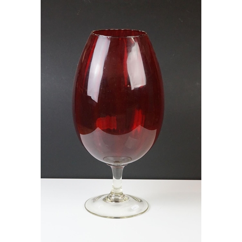22 - Mid century Large Red Glass Goblet / Vase on clear glass stem, 45cm high