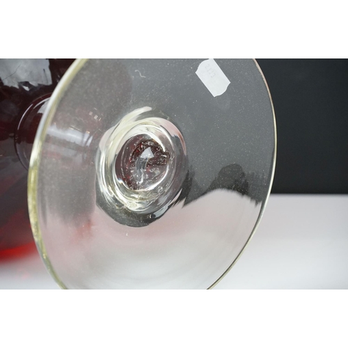 22 - Mid century Large Red Glass Goblet / Vase on clear glass stem, 45cm high