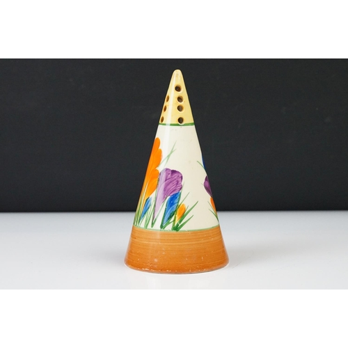 3 - Clarice Cliff Pottery Bizarre Conical Sugar Shaker in the crocus pattern, 14cm high