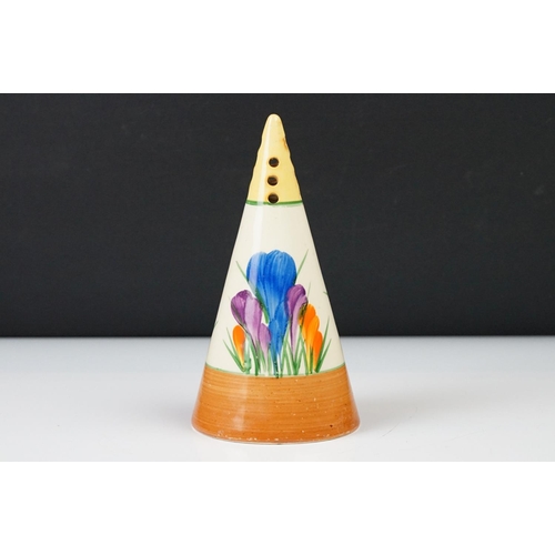3 - Clarice Cliff Pottery Bizarre Conical Sugar Shaker in the crocus pattern, 14cm high