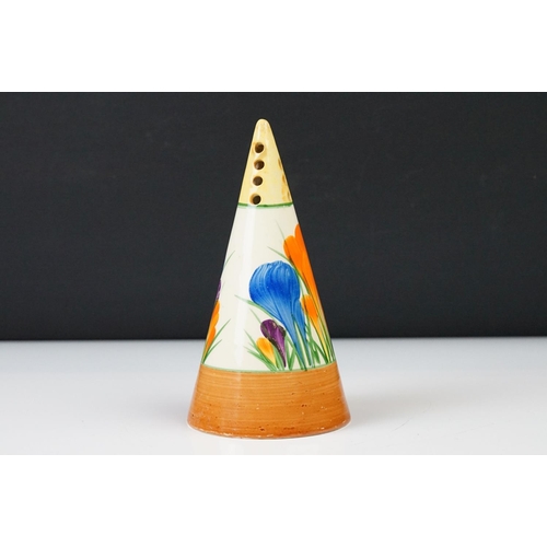 3 - Clarice Cliff Pottery Bizarre Conical Sugar Shaker in the crocus pattern, 14cm high
