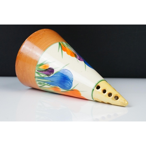 3 - Clarice Cliff Pottery Bizarre Conical Sugar Shaker in the crocus pattern, 14cm high