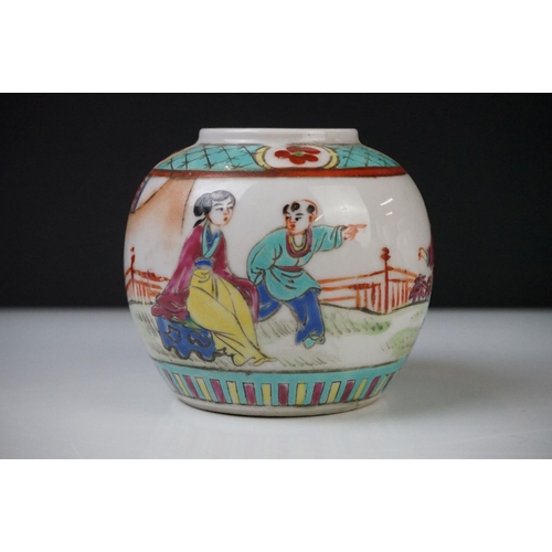 28 - Two Chinese Porcelain Ginger Jars with covers together with Three further Chinese Porcelain Famille ... 